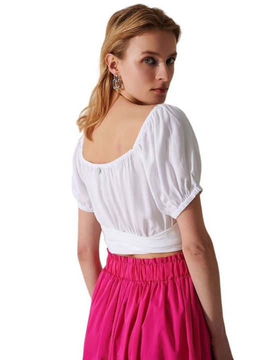 Ale - The Non Usual Casual pentru Femei de Vară Crop Top cu Mâneci Scurte cu Decolteu în V Alb