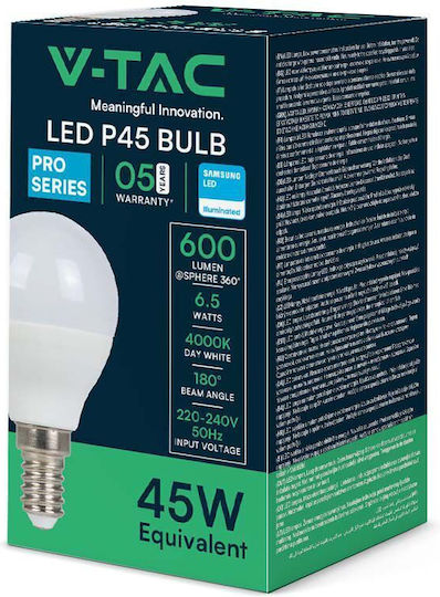 V-TAC LED Bulb 6.5W 80mm for Socket E14 and Shape P45 Natural White 600lm