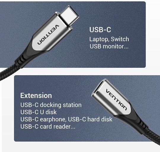 Vention Braided USB Type-C Cable USB-C Male - USB-C Female 60W PD Gray 0.5m TABHD