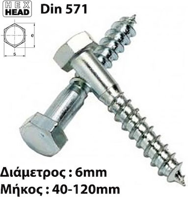 Helix Coach Screw Hexagon Galvanized DIN 571 with Diameter M6 and Length 40mm 100pcs