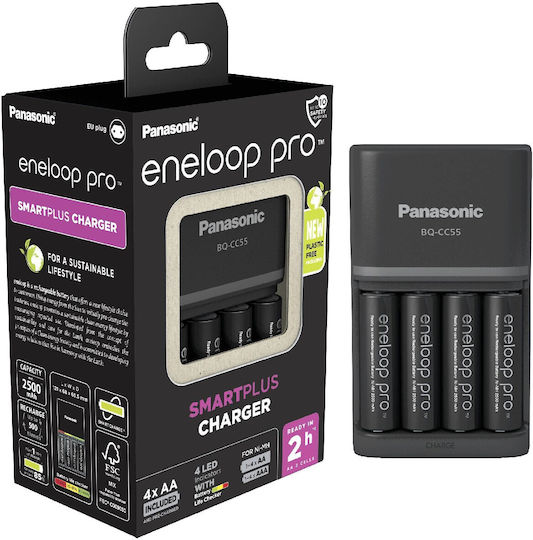 Panasonic Eneloop Pro Smart & Quick BQ-CC55 Φορτιστής 4 Μπαταριών Ni-MH Μεγέθους AA/AAA Σετ με 4x AA 2500mAh