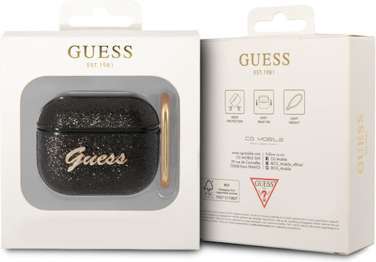 Guess Glitter Flakes Hülle Kunststoff mit Haken in Schwarz Farbe für Apple AirPods 3