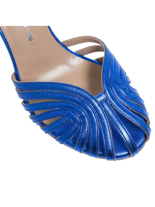 Mourtzi Leather Women's Sandals with Ankle Strap Blue with Thin High Heel