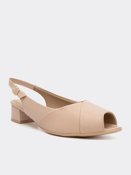 Leder Peeptoe Pumps mit Riemchen & flacher Absatz Beige