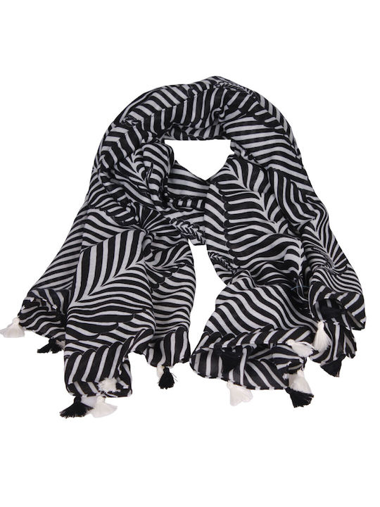 Women's scarf 50% viscose 50% cotton black white and tassels black white