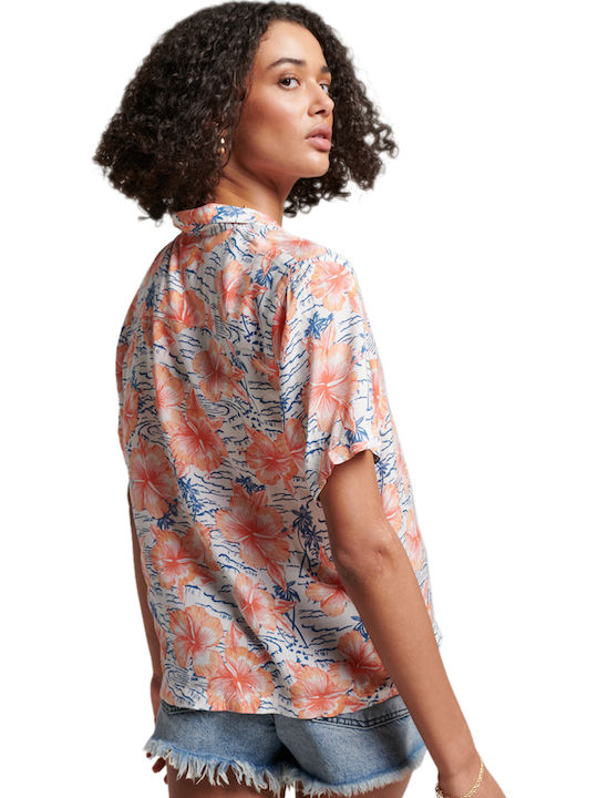 Kurzärmelig Damen Hemd Hellblau Blumen
