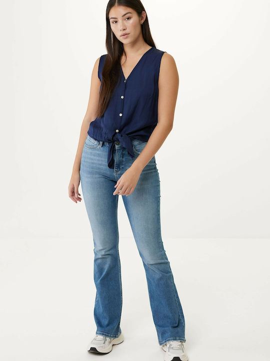 Women's Linen Monochrome Sleeveless Shirt Navy Blue