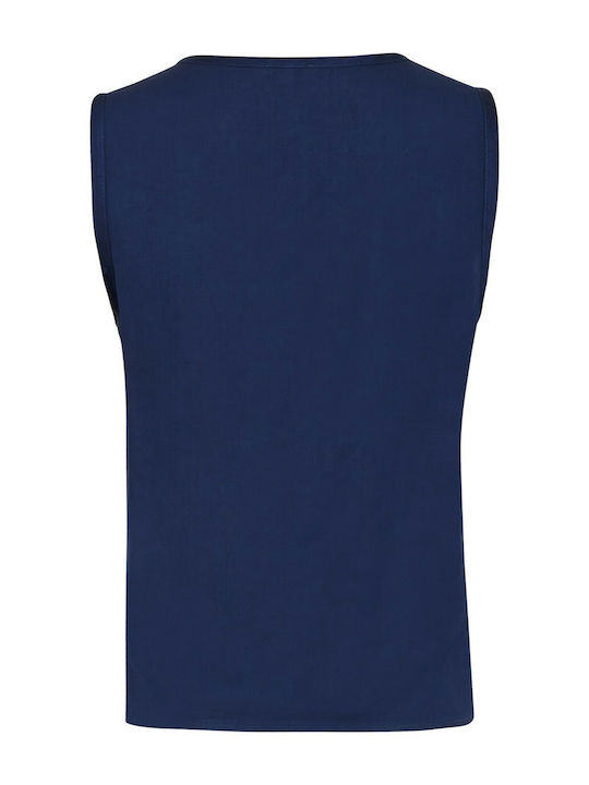 Women's Linen Monochrome Sleeveless Shirt Navy Blue