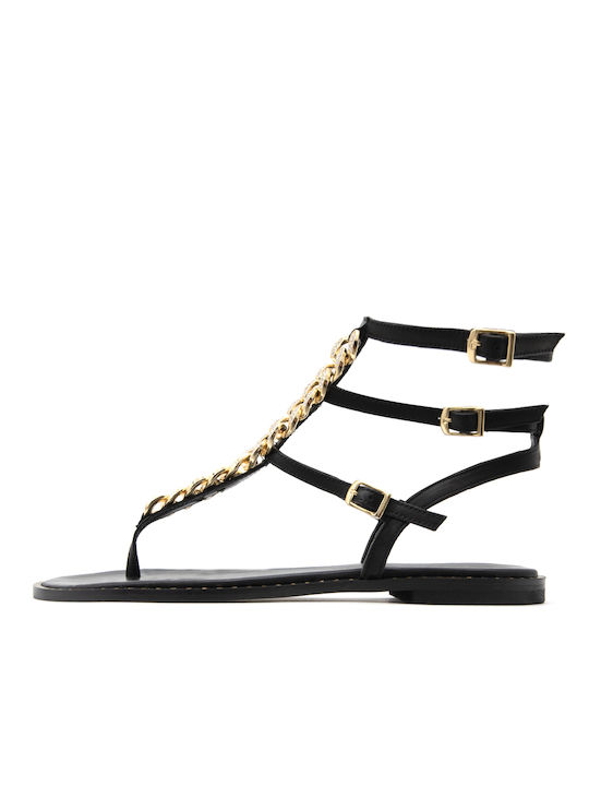 Makis Kotris Leather Women's Flat Sandals in Black Color