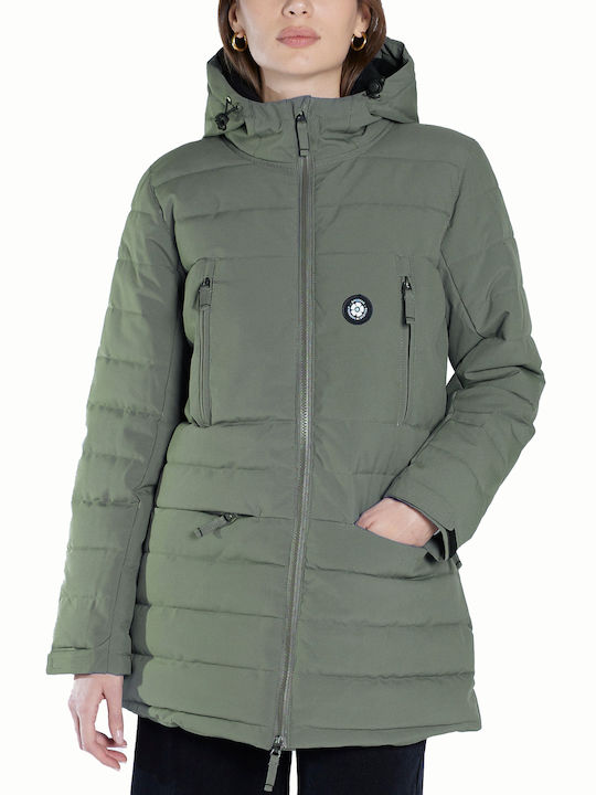 Women's Short Puffer Jacket for Winter with Hood Light Olive