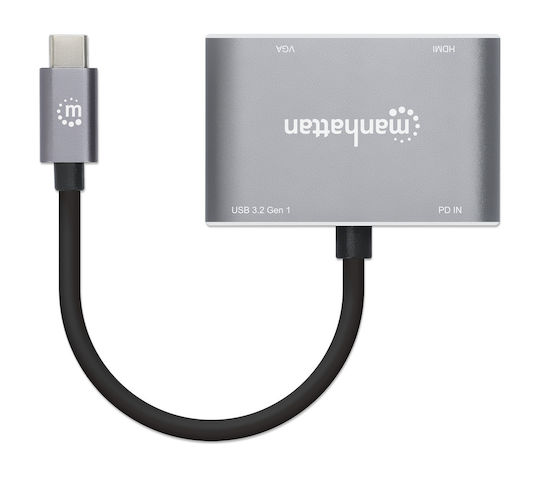 Manhattan USB-C Docking Station με HDMI 4K PD και σύνδεση 2 Οθονών Γκρι (130691)