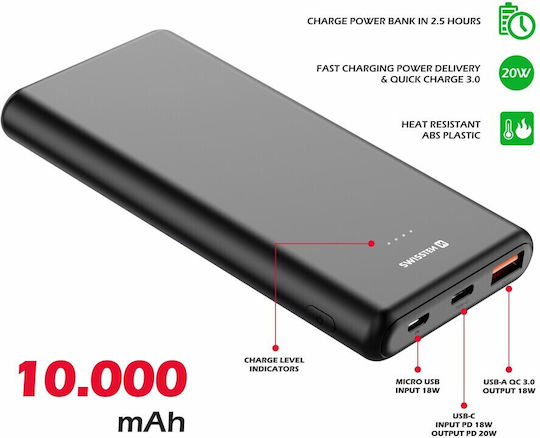 Swissten Power Bank 10000mAh 20W mit 2 USB-A Anschlüssen und USB-C Anschluss Stromlieferung / Schnellaufladung 3.0 Schwarz