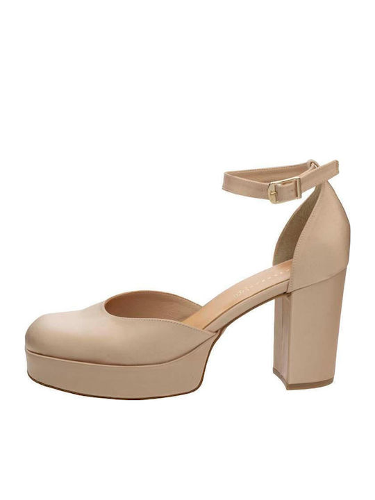 Leather Nude Satin High Heels with Strap S