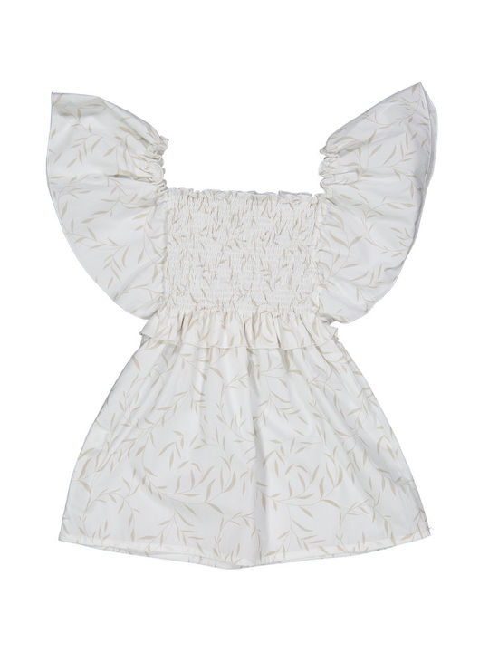 Kids dress with white-beige leaf print for girls (4-8 years old)