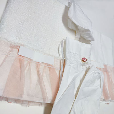 Baptismal christening chrisoms set with tulle and ribbon in ecru-somone color for girls. 3pcs