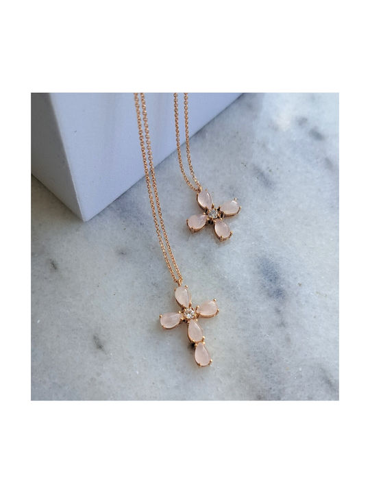 14K Rose gold cross with quartz and chain