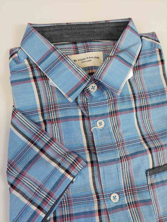 Tom Tailor Men's Shirt Short Sleeve Checked Light Blue