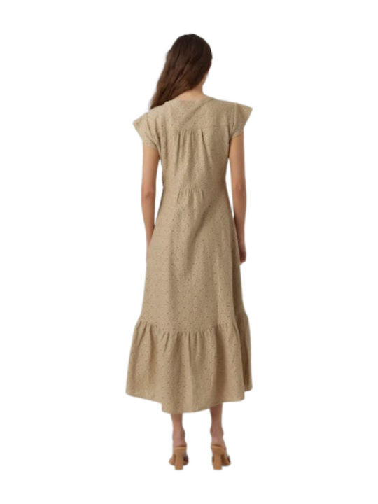 Summer Midi Shirt Dress Dress with Ruffle Beige