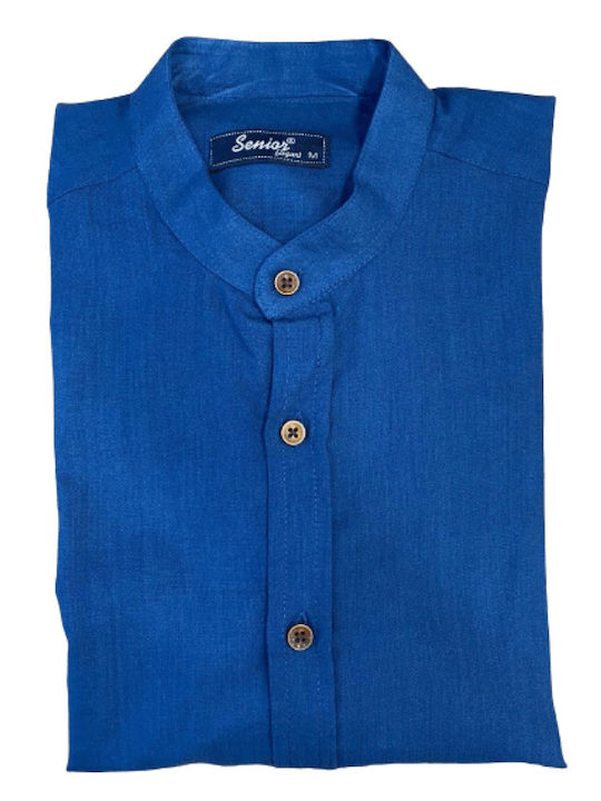 Senior Men's Shirt Long Sleeve Linen Navy Blue