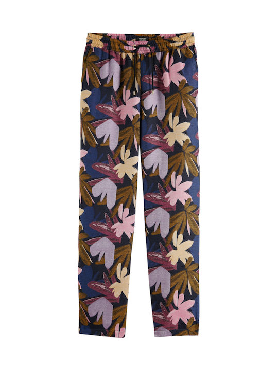 Damen Stoff Hose mit Gummizug in Normaler Passform Blumen Rosa