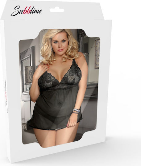 Subblime Plus Size Sexy Robe with Lace and Transparency Queen Plus Lace Peignoir Flared Sleeves Black
