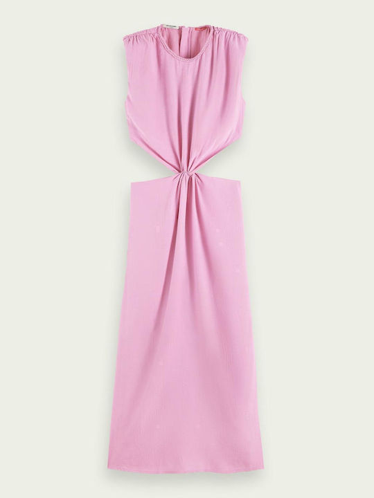 Draped Structured Shoulder Καλοκαιρινό Midi Φόρεμα Ροζ