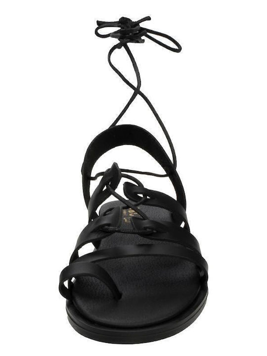 Leather Women's Flat Sandals in Black Color