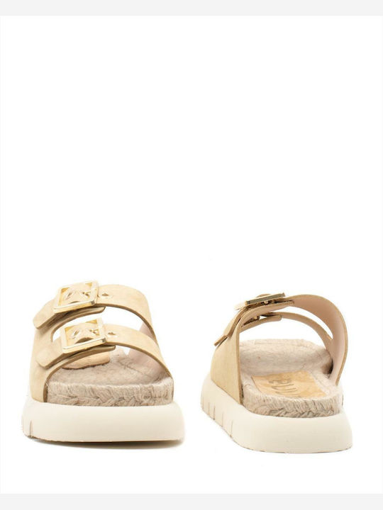 Leather Women's Flat Sandals in Beige Color