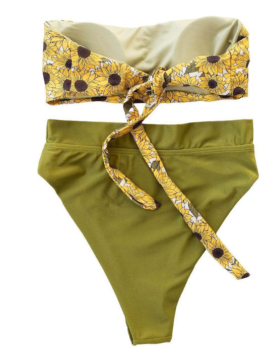 Set de bikini pentru femei cu topuri fără bretele și slip cu talie înaltă în nuanțe de galben și măsliniu