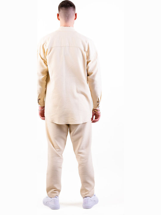 Overshirt Long-sleeved Shirt in Wide Line Beige