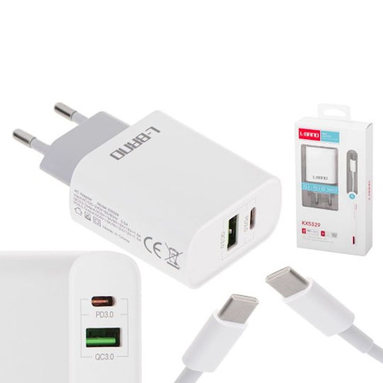 Dux Ducis Φορτιστής Χωρίς Καλώδιο με Θύρα USB-A και Θύρα USB-C 18W Power Delivery / Quick Charge 3.0 Λευκός (C80)