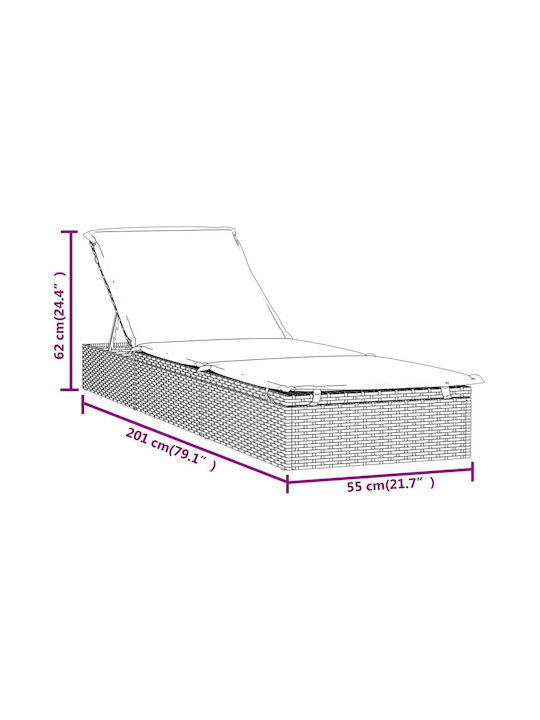 Sunbed Single Rattan with Cushion Gray with Table 201x55x20cm.