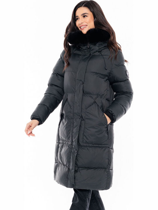Women's Long Puffer Jacket for Winter with Hood Green