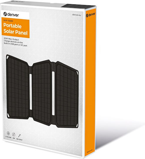 Denver SOP-10200 Încărcător Solar Pliabil Panou Solar 20W cu Ieșire USB pentru Baterii Reîncărcabile 117250200000