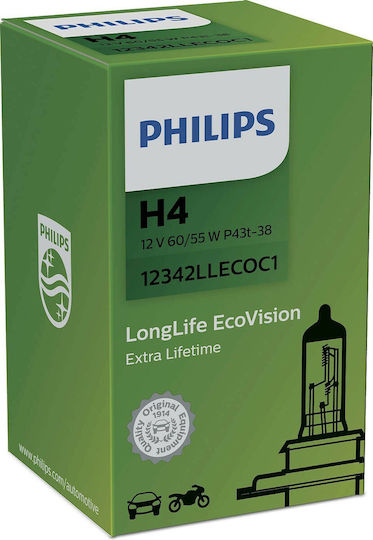 Philips Λάμπα Αυτοκινήτου & Μοτοσυκλέτας LongLife Ecovision H4 Αλογόνου 12V 60W 1τμχ