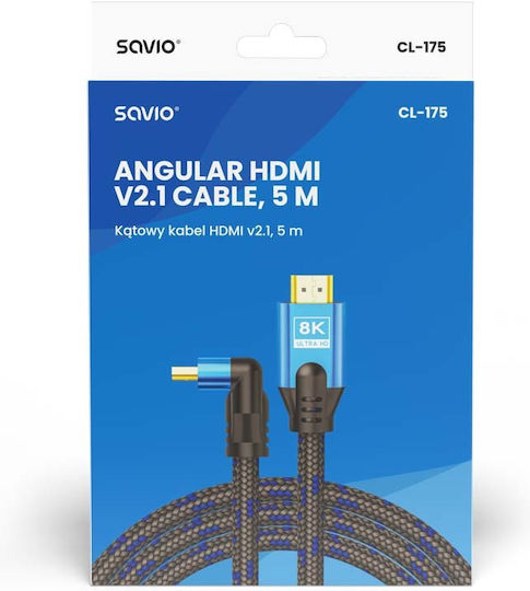 Savio CL-175 HDMI 2.1 Angle (90°) / Braided Cable HDMI male - HDMI male 5m Black