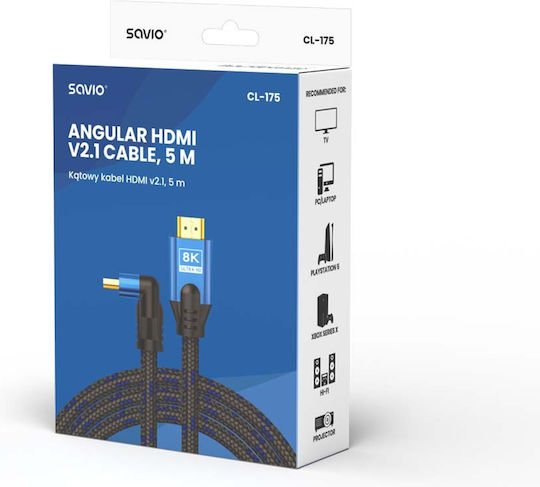 Savio CL-175 HDMI 2.1 Ultra High Speed 48Gbps 4K 120Hz HDR VRR Winkel (90°) Geflochtenes HDMI-Stecker - HDMI-Stecker 5m Schwarz