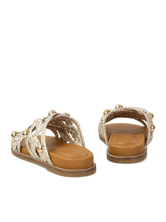 Leather Women's Flat Sandals in Gold Color