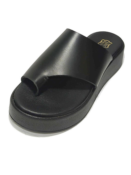 Gk Shoes Leather Women's Flat Sandals Flatforms in Black Color