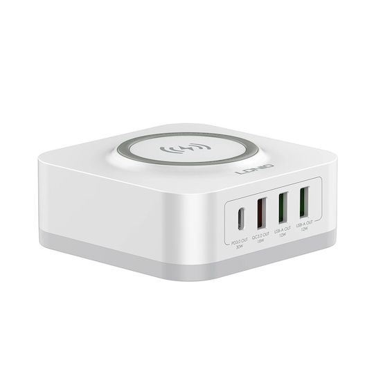 Ldnio Wireless Charger Qi Pad with USB-A Port and 3 USB-C Output Ports 32W Power Delivery White