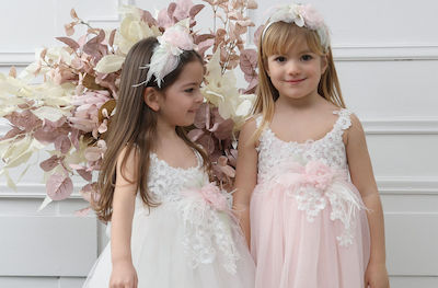 Mi Chiamo Pink Tulle Baptism Outfit with Hair Accessories & Dress 2pcs