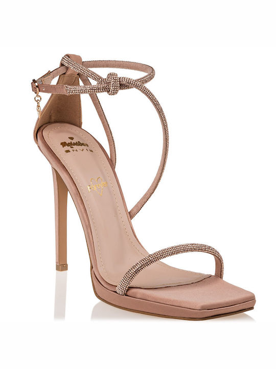 Mairiboo for Envie Women's Sandals with Strass & Ankle Strap Nude with Thin High Heel