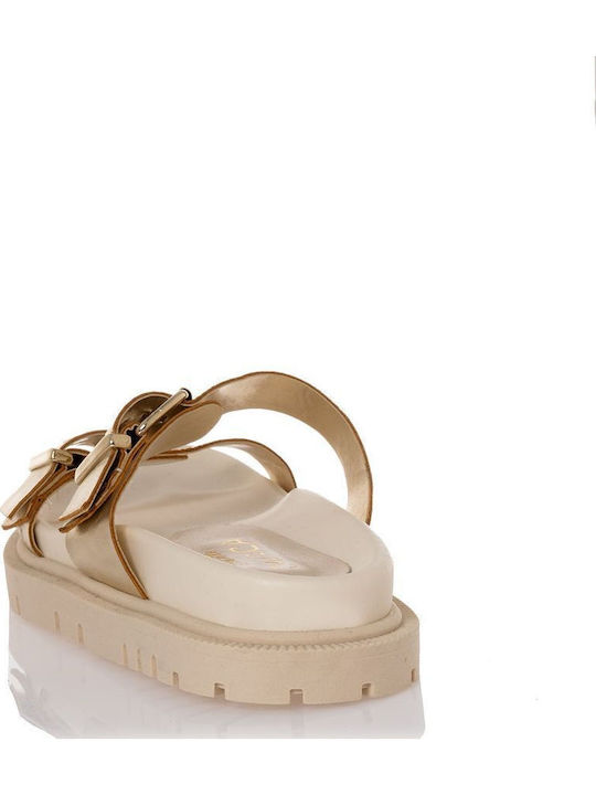 Leather Women's Flat Sandals in Gold Color