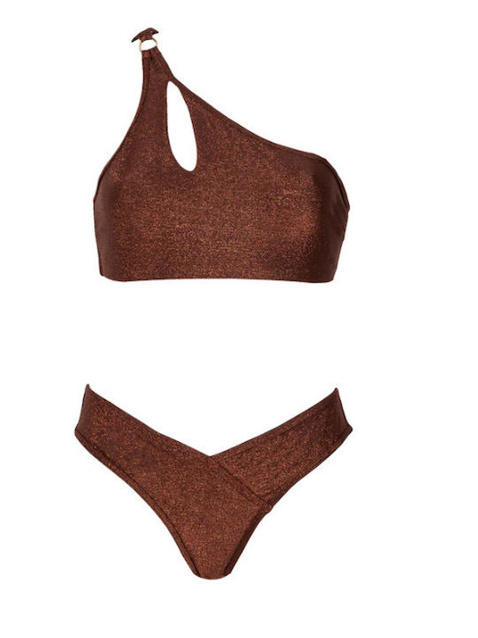 Set Bikini Με Έναν Ώμο Καφέ