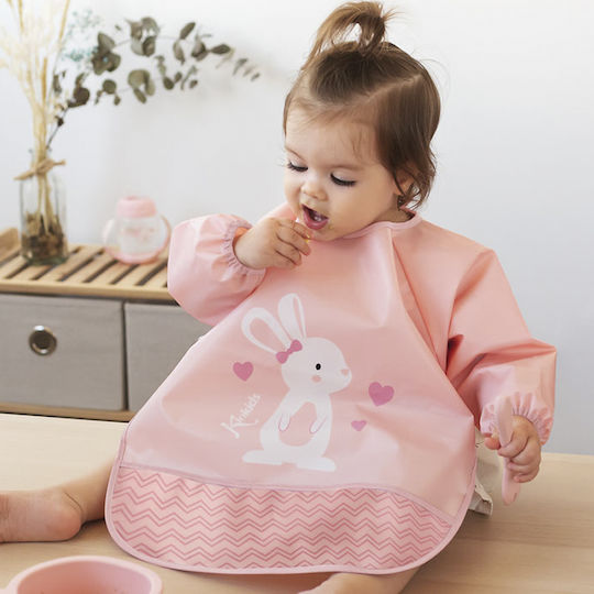 Kiokids Lovely Bunny Αδιάβροχη Ποδιά Σιλικόνης με Αυτοκόλλητο με Τσέπη & Μανίκια Ροζ για 4 m+