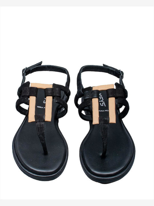 Keys Leather Women's Flat Sandals with Strap in Black Color