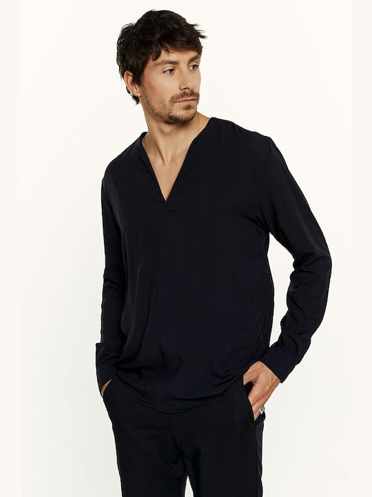 Edward Jeans Men's Long Sleeve Blouse with V-Neck Black