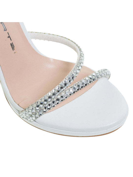 Mourtzi Leather Women's Sandals with Strass White with Thin High Heel