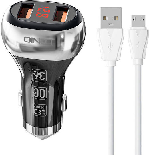 Ldnio Car Charger Black C2 Fast Charging with Ports: 2xUSB with Cable Micro-USB and Battery Voltmeter