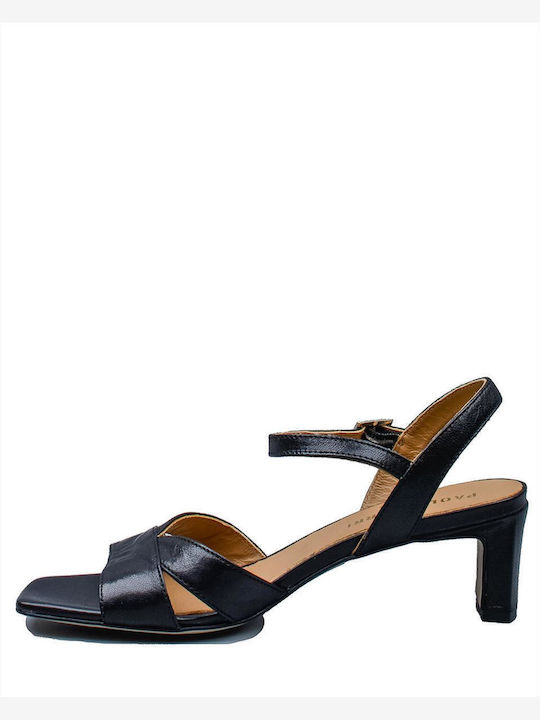 Paola Ferri Leather Women's Sandals Black with Chunky Medium Heel